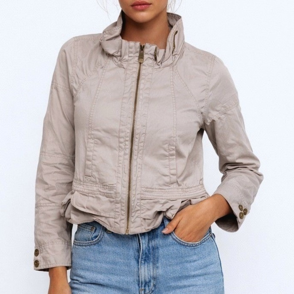 Luii Anthropologie Jacket Womens Large Taupe Beige Ruffle Hem Full Zip Cotton